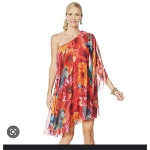 Heidi Daus Printed Chiffon One-Shoulder Overlay Dress Large Art to Wear NEW